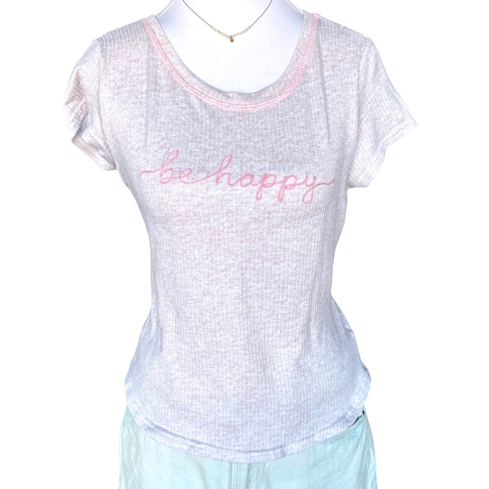Laura Ashley Pink Baby Tee Coquette Balletcore Be Happy Ribbed Y2K Small